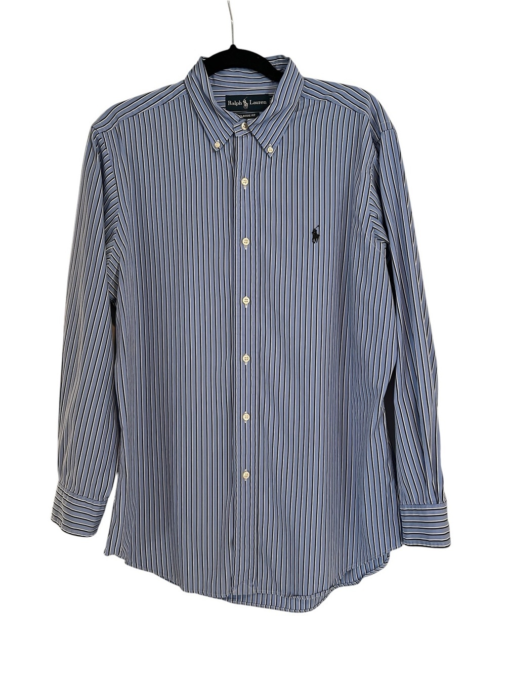Ralph Lauren Blue & White Classic Fit Multi-Striped Button-Down Dress Shirt- 16